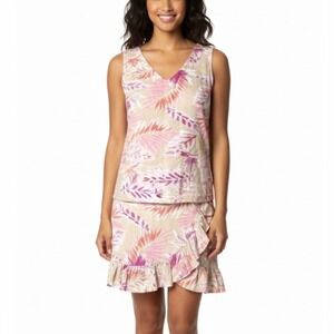 Karlie 100% Linen Top and Skirt Set Tan with Floral Print Size Medium & Large